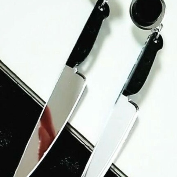 Spooky Silver Knife Earrings Creepy Goth Halloween Cosplay Statement Jewelry - Picture 6 of 11